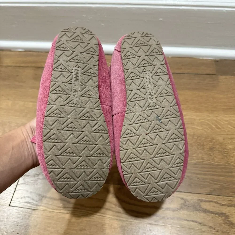 Minnetonka Slippers Child 2 Moccasin Pink Leather Faux Fur Cozy Slip On Comfort